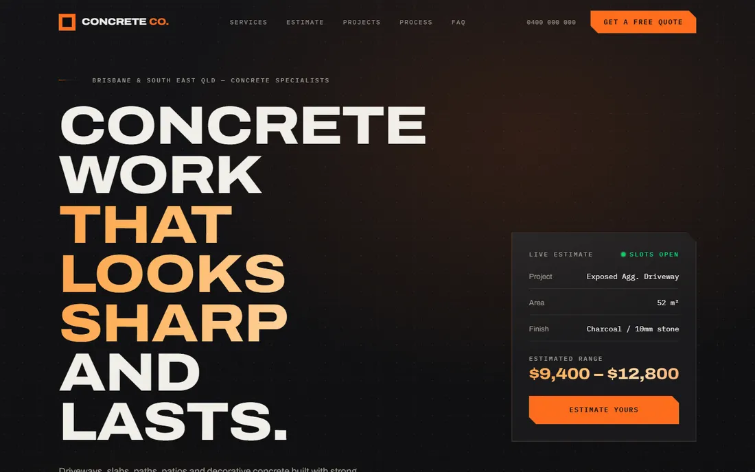 Concrete Co. concept homepage